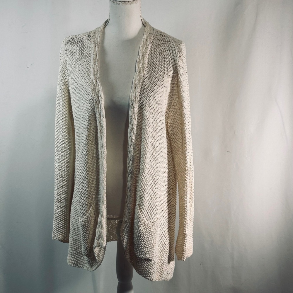 Roller Rabbit Ivory Organic‎ Cotton Cable Trim Open Front Cardigan Sweater Small